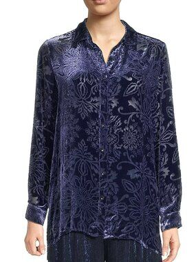 Johnny Was Misty Floral Blue Burnout Velvet Button Down Top Size Small New